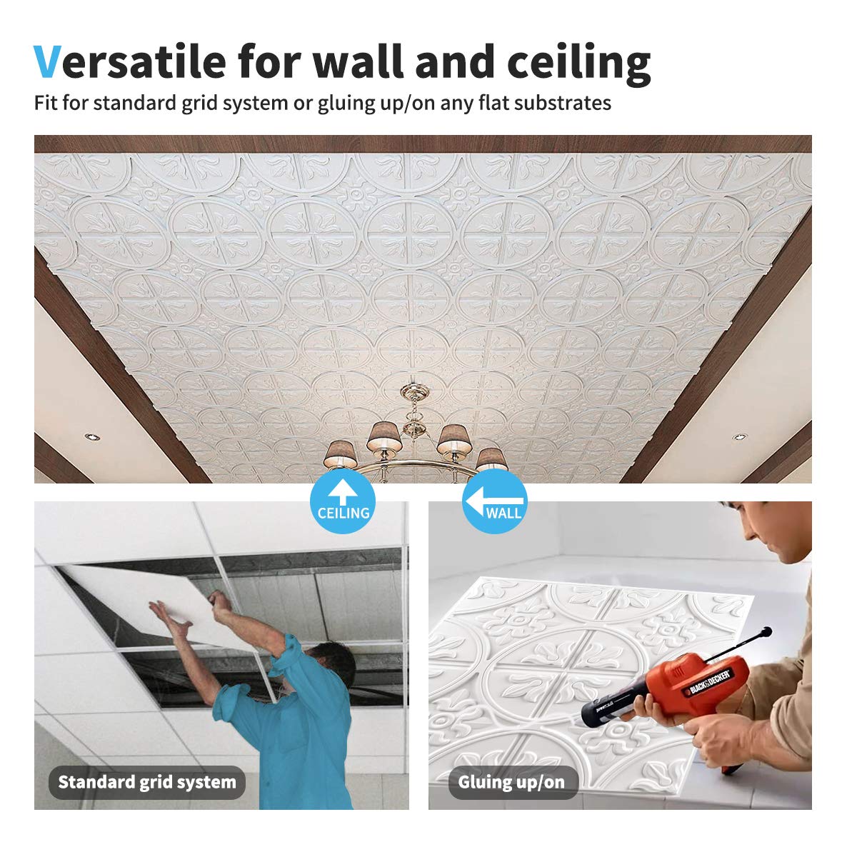 Art3d 12 pieces, 4.5 sq.ft Ceiling Tiles, 3D Wall Panels, 61 x 61 cm, Self-Adhesive, Classic Style, White.