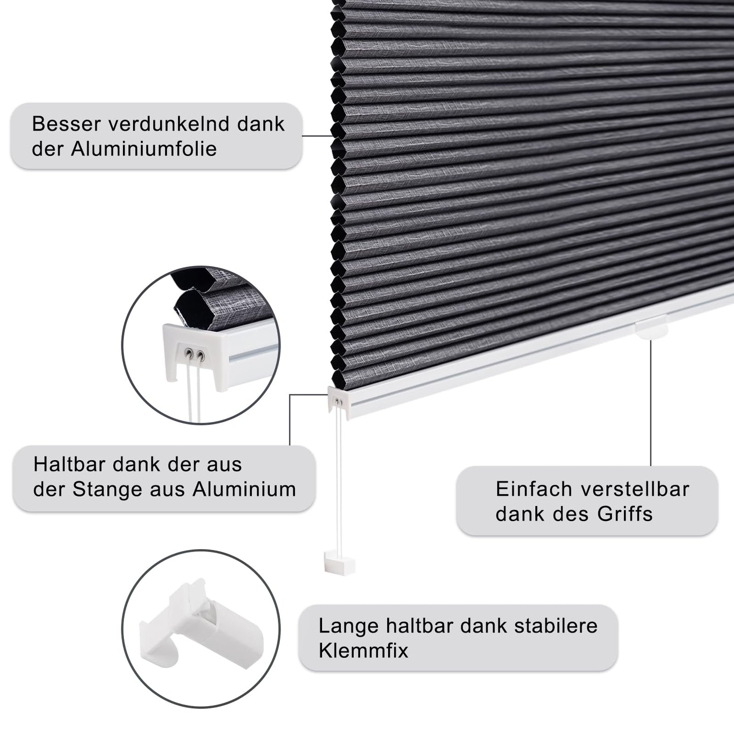 WOLTU Honeycomb Pleated Shade without Drilling Darkening Thermal Double Pleated Shade Clamp Fix Two-Tone 75x200 cm Dark Grey-White, Pleated Folding Blind Sun, Sight & Sound Protection, Venetian Blind Pleated Blind for Window & Door