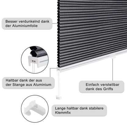 WOLTU Honeycomb Pleated Shade without Drilling Darkening Thermal Double Pleated Shade Clamp Fix Two-Tone 75x200 cm Dark Grey-White, Pleated Folding Blind Sun, Sight & Sound Protection, Venetian Blind Pleated Blind for Window & Door