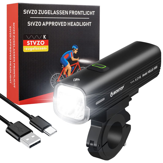 StVZO approved bike light, USB front lights battery, MONTOP LED bike lighting bike lamp, bike light, bike lights for children and adults BRIGHT