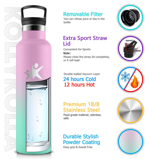 KollyKolla thermos bottle 750ml with straw, suitable for carbonated drinks, vacuum stainless steel insulated bottle, BPA-free, ideal for sparkling water, school, outdoor, adults.