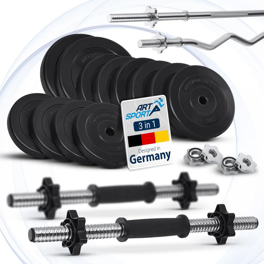 ArtSport 3in1 dumbbell set with 2 dumbbells, 1 barbell & 1 EZ curl bar - 12 weights totaling 60kg with star locks - weightlifting set for strength training