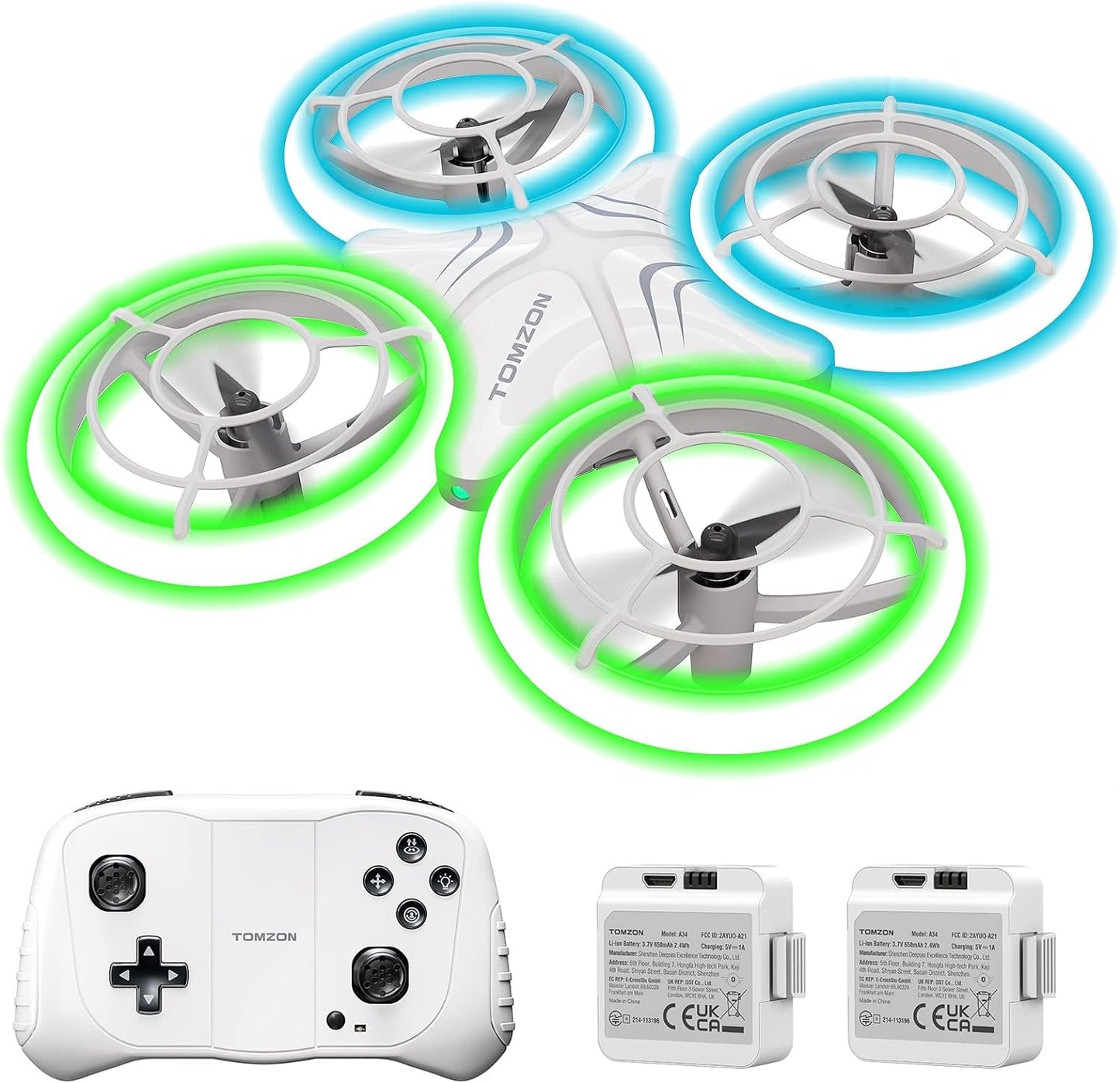 TOMZON Mini Drone for Kids, Blue and Green LED Lights, RC Quadcopter with 2 Batteries, Headless Mode, Throw Go/3D Flip/Rotation/Circle Fly for Beginner Kids