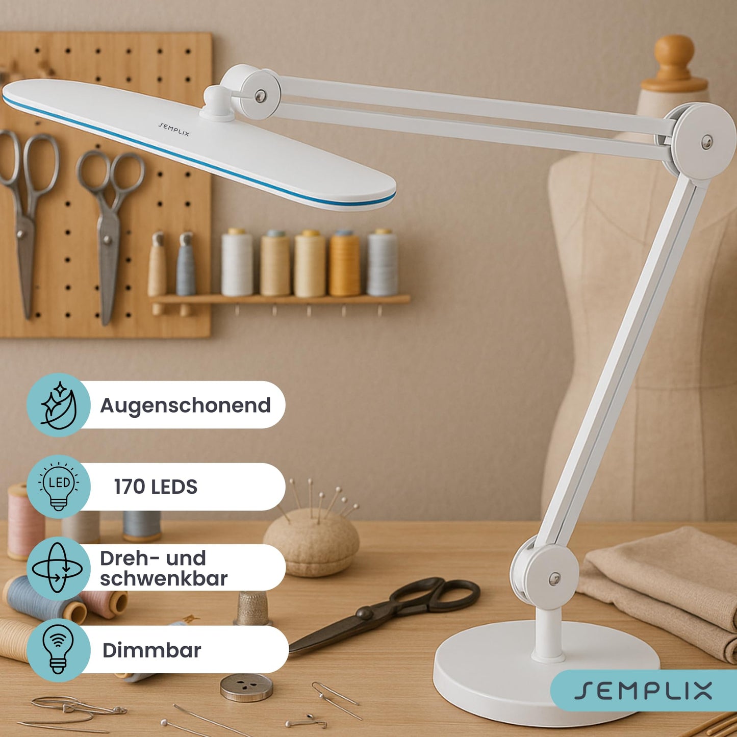 SEMPLIX LED work light in white: (117 PCS LED, 4-level dimmable) Comes with table stand base and clamp, adjustable lamp arm in height.