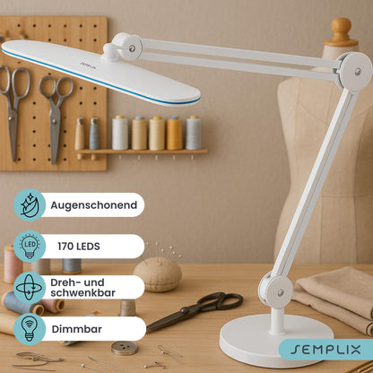 SEMPLIX LED work light in white: (117 PCS LED, 4-level dimmable) Comes with table stand base and clamp, adjustable lamp arm in height.