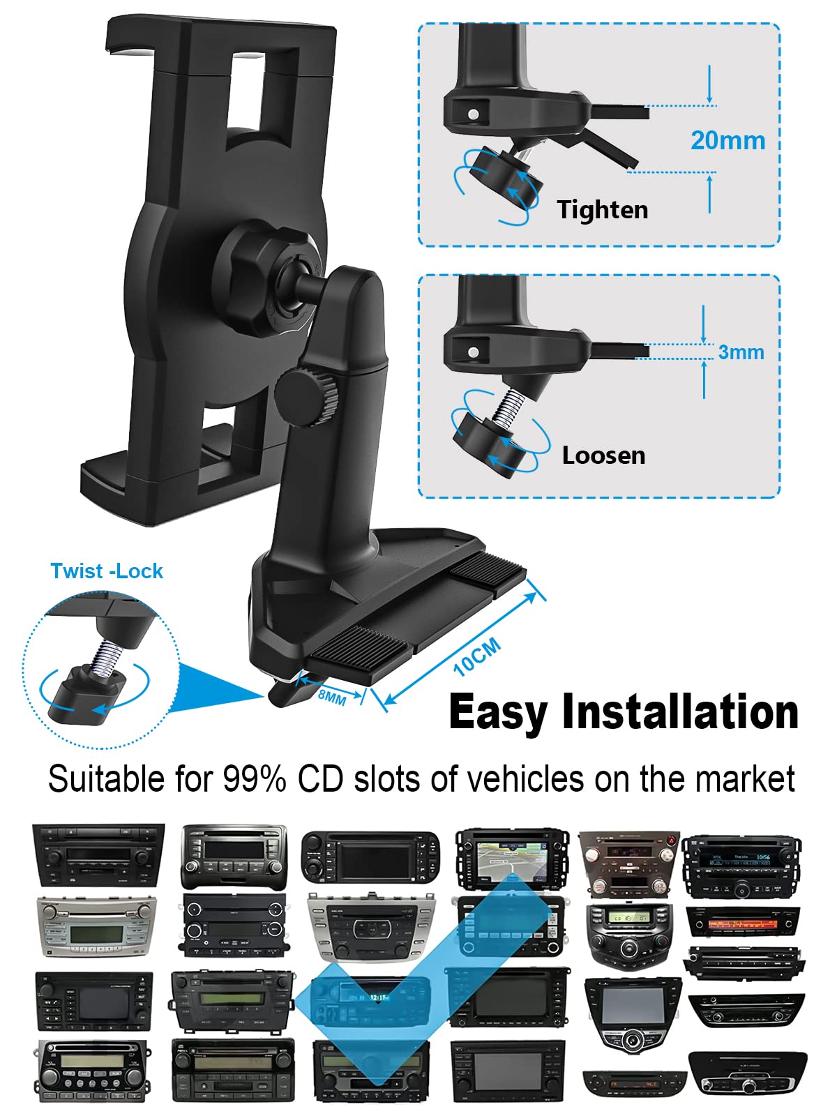 Oilcan car CD slot tablet holder, CD player tablet car mount with upgraded telescopic arm, CD slot holder for iPad Pro Air Mini, Galaxy Tab, Kindle, iPhone 4-12.9" smartphones & tablets.