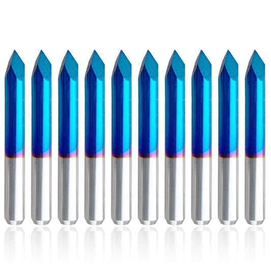 10 pieces 60-degree 0.1mm V-shape engraving bits with triangular pyramid V-bit nano-coating for acrylic, wood, PVC, engraving, and milling.