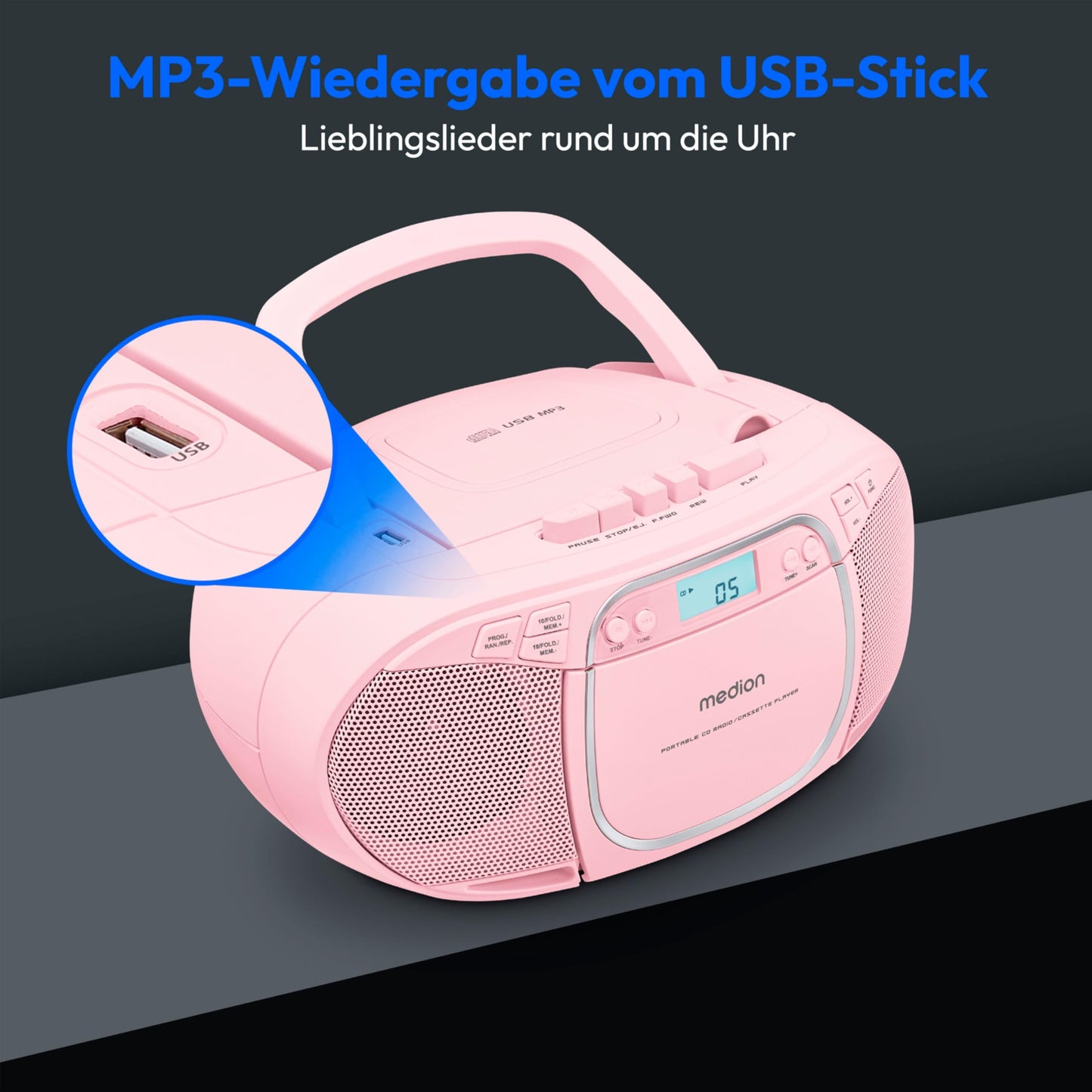 MEDION E66476 Stereo Sound System (Boombox, CD player, MP3, cassette, portable cassette player for kids, FM radio, AUX, headphones, mains & battery operation) Pink