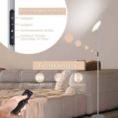 Anten LED floor lamp 30W, dimmable with 4 color temperatures, industrial standing lamp with touch & remote control, suitable for living room, bedroom, gray.