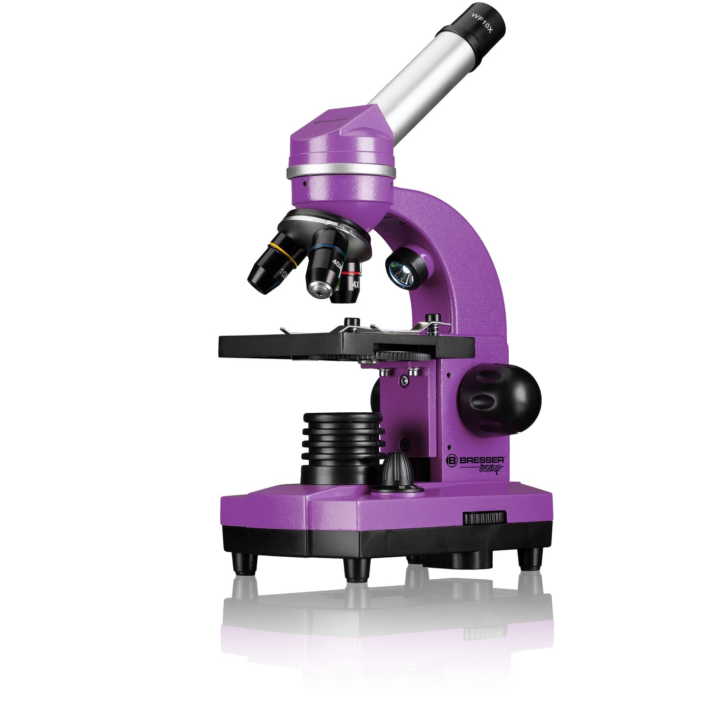 Bresser Junior Student Microscope BIOLUX SEL with smartphone holder, extensive accessories, and Barlow zoom system for children, beginners, and adults, violet.