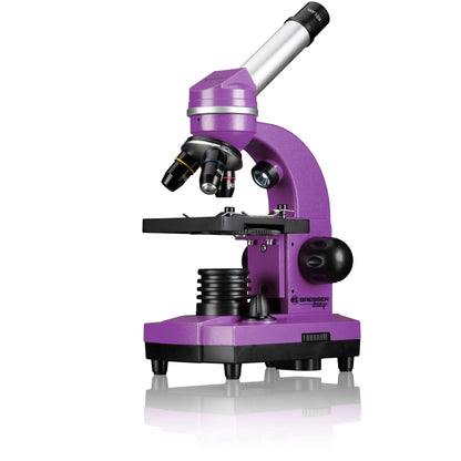 Bresser Junior Student Microscope BIOLUX SEL with smartphone holder, extensive accessories, and Barlow zoom system for children, beginners, and adults, violet.