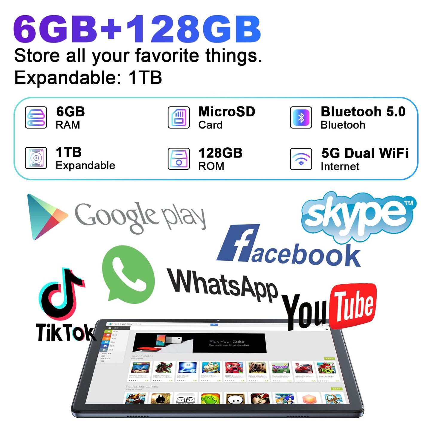 Kinstone Gaming Tablet, 10.1-inch touchscreen, Octa-Core CPU, 6GB RAM, 128GB ROM, 6000mAh battery, 5G WiFi, Widevine L1, 2MP+5MP camera, GPS, perfect gifts for kids to learn and play, Grey.