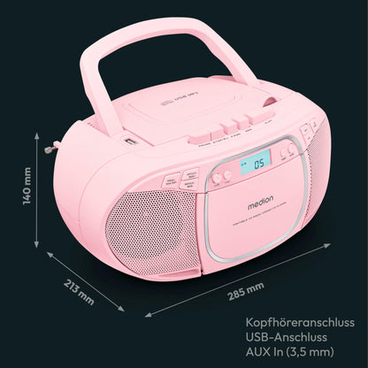 MEDION E66476 Stereo Sound System (Boombox, CD player, MP3, cassette, portable cassette player for kids, FM radio, AUX, headphones, mains & battery operation) Pink