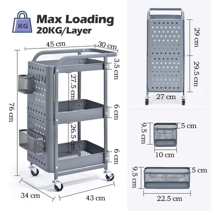 Kingrack rolling cart, 3-tier metal rolling cart, slim kitchen cart, multipurpose cart for kitchen cosmetics, shelf cart with perforated plate, wheels, hooks, baskets, handles, locking casters, serving cart for office, garages.