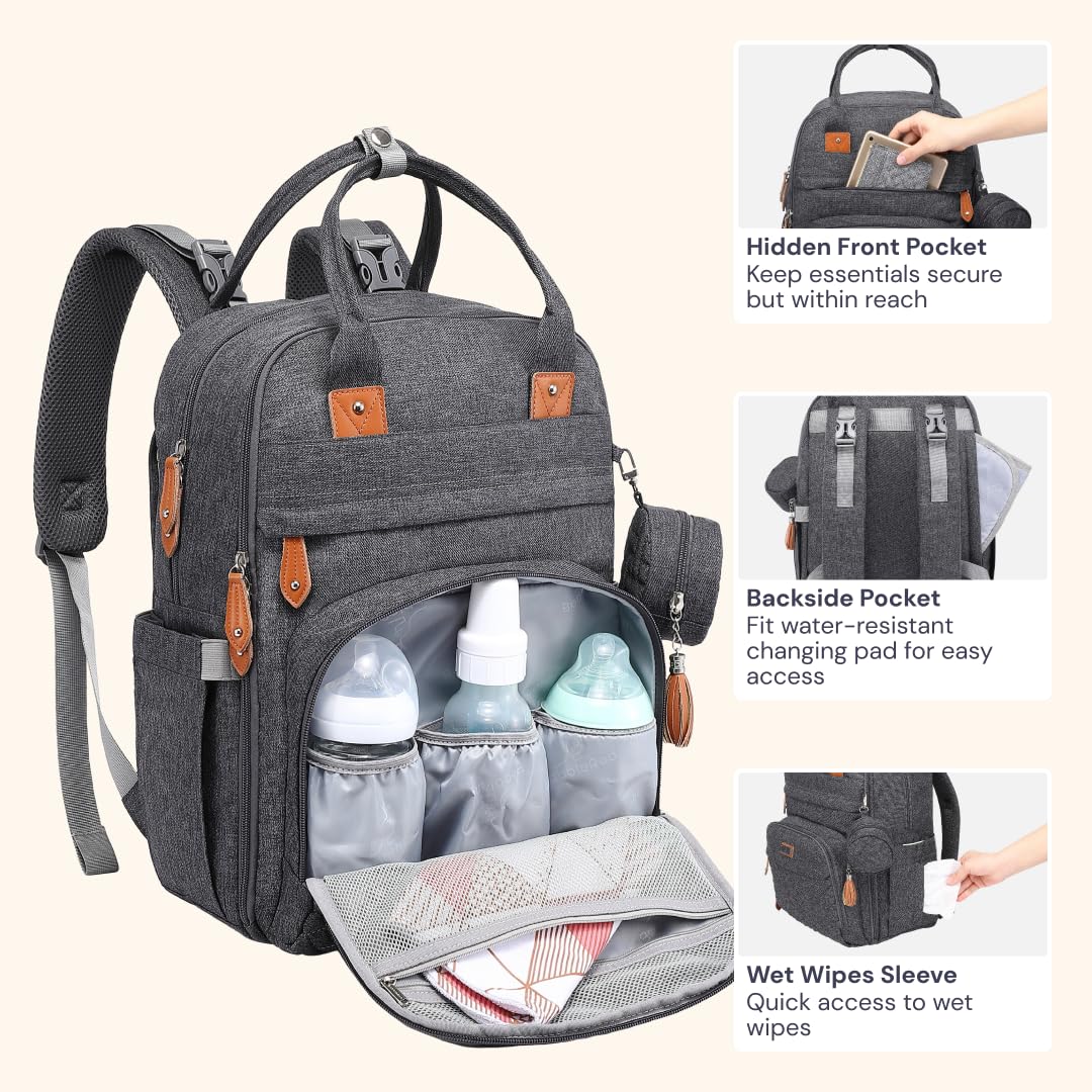 BabbleRoo Diaper Bag Backpack - Large capacity, 17 pockets, water resistant - with changing pad, detachable pacifier holder, stroller straps - Travel backpack for Mom & Dad
