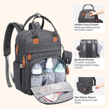 BabbleRoo Diaper Bag Backpack - Large capacity, 17 pockets, water resistant - with changing pad, detachable pacifier holder, stroller straps - Travel backpack for Mom & Dad