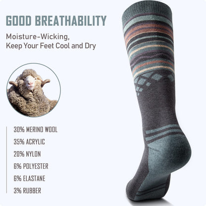 OutdoorMaster 3 pairs of Unisex Merino Wool Ski Socks for women & men, winter snowboarding breathable socks for outdoor sports with OTC design/anti-slip cuffs.