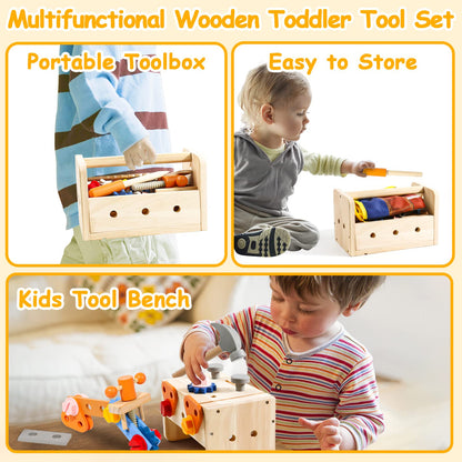 hifunti Tool Set Kids Workbench Montessori Toy from 2 Years Wooden Toolbox Gifts for 2 3 4 Year Old Boys Girls with Apron Learning Games Children's Toys from 3 4 Years (39 Pieces)