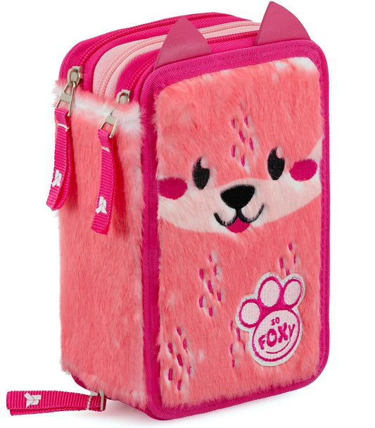 Julian Ross Foxy Plush Pencil Case Kids, 3 compartments, filled with 45 school supplies for girls: colored pencils, markers, glue, and scissors.