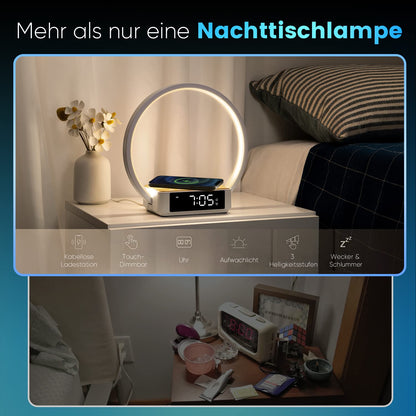 WILIT LED bedside lamp with charging function, light alarm clock with clock, bedside lamps touch dimmer bedroom with 3 brightness levels, 10W wireless charger, wood