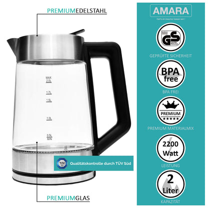 AMARA Glass Electric Kettle with Temperature Control 2200 Watts 2L especially quiet Temperature range 50-100°C With EASY-FILL filling system LED color change indicates temperature.