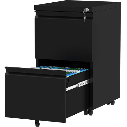 YITAHOME Lockable 2-Drawer Rolling File Cabinet for A4, Legal, Letter, Metal Filing Cabinet for Home Office, Hanging File Organizer, Black, 51 x 39 x 71cm
