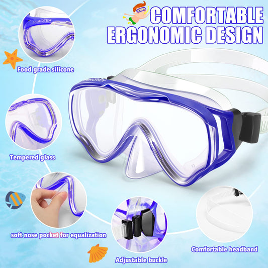 Kids Snorkel Set, HIKOTEY Snorkel Mask with 2-Channel Premium Dry Snorkel, 180° Panoramic Hardened Glass Anti-Leak Snorkel Masks for Boys Girls (4-12 years) - Pacific Blue