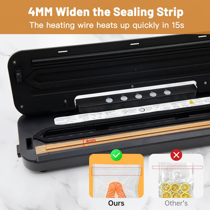 Housiwill Vacuum Sealer, 5-in-1 vacuum sealer with built-in cutter, food sealing machine for dry/moist food preservation mode, comes with 15 vacuum bags and 1 hose.
