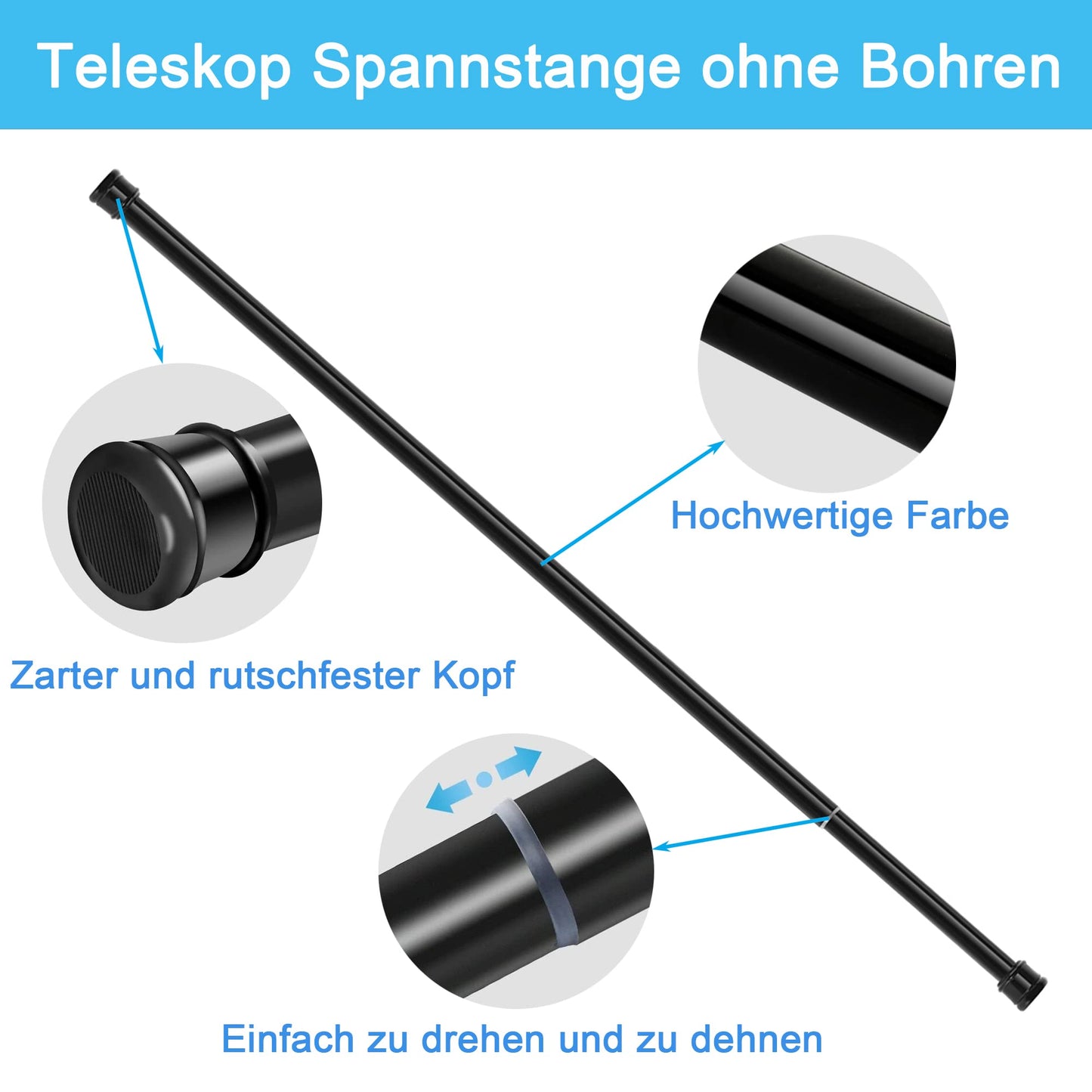 1Piece Curtain Rod No Drill Shower Rod Extendable Clothes Rod for Window, Closet, Bathroom 62-85CM Black (diameter 25mm)