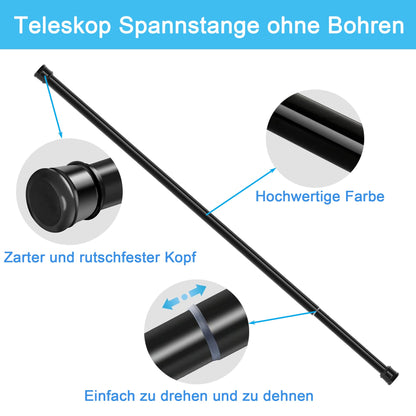 1Piece Curtain Rod No Drill Shower Rod Extendable Clothes Rod for Window, Closet, Bathroom 62-85CM Black (diameter 25mm)