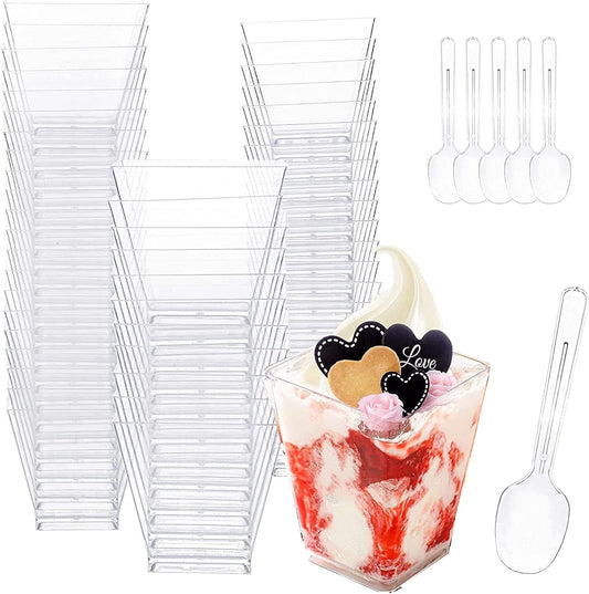 50 pieces of dessert cups with 50 spoons, 8 OZ/240ML clear dessert bowls. Reusable square and trapezoid dessert cups for home, desserts, pudding, mousse, ice cream, and parties.
