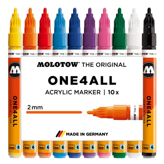 Molotow One4All 127HS Acrylic Marker Basic Set 1 (2.0 mm line width, highly opaque and permanent, UV-resistant, for almost all surfaces) 10 pieces assorted.