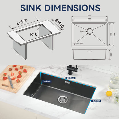 Kitchen sink, 1 basin, 70 x 44 cm, Auralum stainless steel sink with drain and plug, washbasin, for kitchen installation, with floral or undermount design, black sink