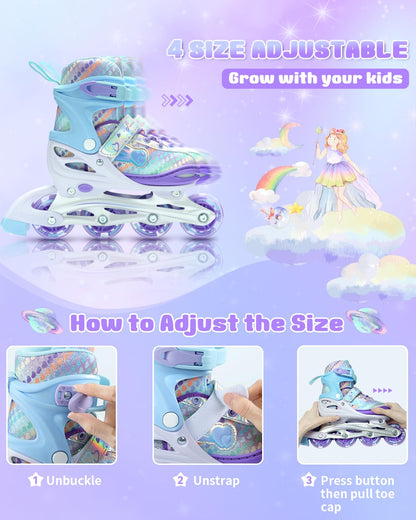 Adjustable inline skates for children sizes 34-41, Sportneer Inline Skates with 6-piece protective gear set for kids girls women, 8 LED light-up inline skates for kids rainbow series.
