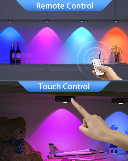 WILLED USB rechargeable RGB LED spots battery with remote control, color changing LED under cabinet light, magnetic dimmable battery cabinet lighting, wireless display lighting with timing function (6 pack)