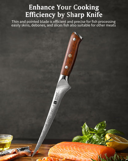 XINZUO 18cm Damascus Steel Fillet Knife, 67 Layers Damascus Fish Knife Professional Chef Knife, Damascus Fish Fillet Boning Knife for Kitchen -Ergonomic Rosewood Handle -with Gift Box