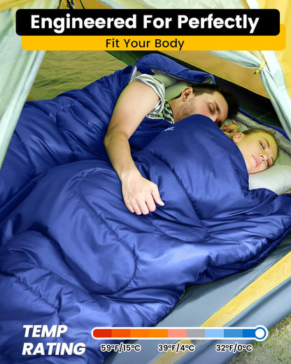 Outdoor Sleeping Bag: Sportneer Double Sleeping Bag for 2 People, 220x150cm, 3.5kg with 2 pillows, Four Double Zippers, Adult Family Blanket Sleeping Bag, Blue