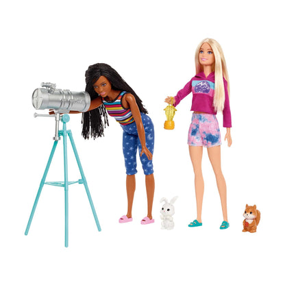 Barbie Adventure Camping Playset with tent, 2 Barbie dolls, camping accessories, and animals. Gift for kids ages 3 and up.