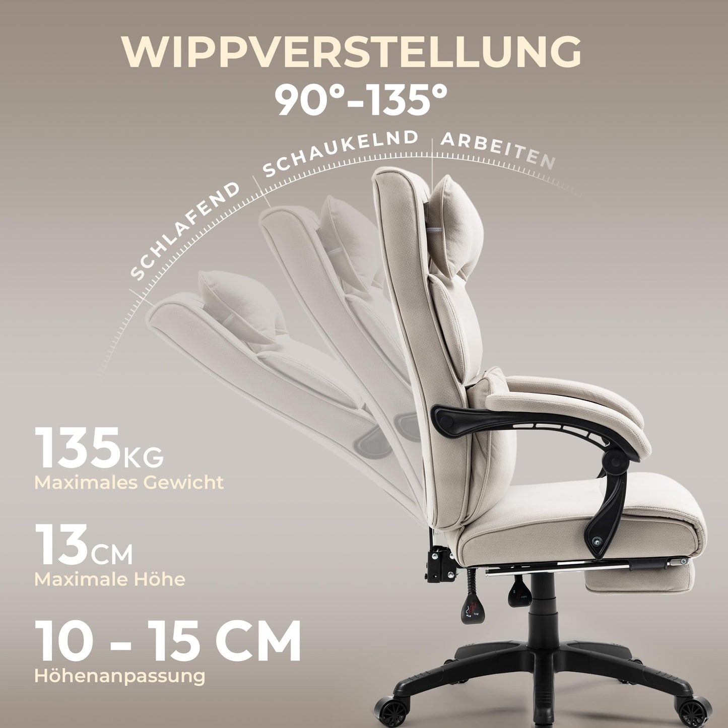 Dowinx ergonomic office chair with footrest and padded armrest, ergonomic fabric office chair, swivel computer chair with high backrest, adjustable height office chair 150 KG beige.