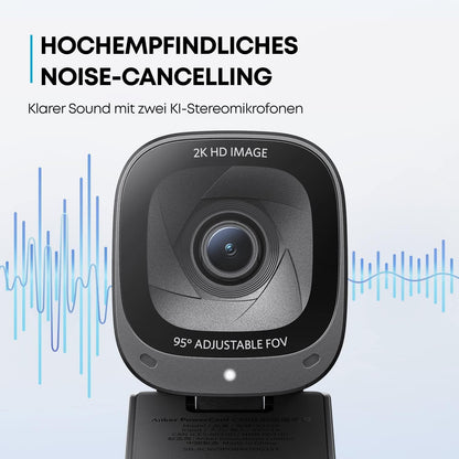 Anchor PowerConf C200 2K USB webcam, webcam for laptops, microphones with noise cancellation and AI, stereo microphones, adjustable viewing angle, light correction, built-in camera cover.