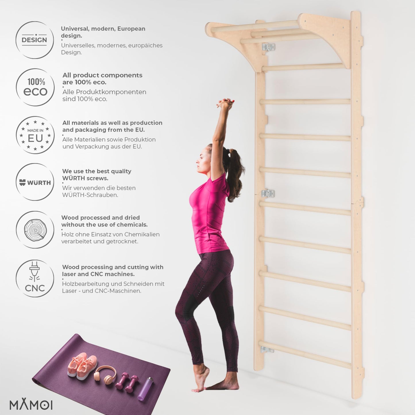 Adult (230 cm) wall bars with pull-up bar, wooden climbing wall, multifunctional fitness equipment, climbing ladder for adults & children, 100% ECO, Made in EU.