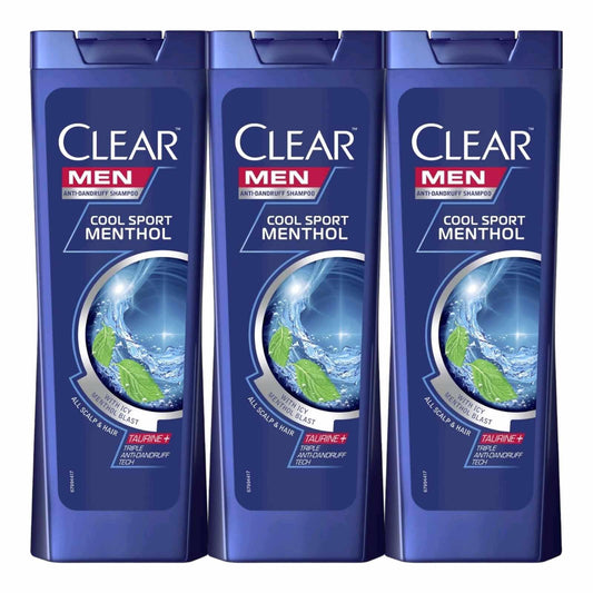 3x400ml CLEAR Men Shampoo Anti-Dandruff Cool Sport Menthol for men, Taurine+, normal hair, value pack