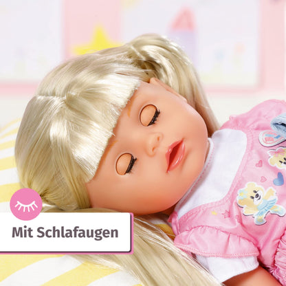 BABY born Kindergarten Little Sister doll with hair and functions, no batteries required. Includes accessories. Suitable for children aged 3 and up. 36 cm tall. Zapf Creation product number 828533.