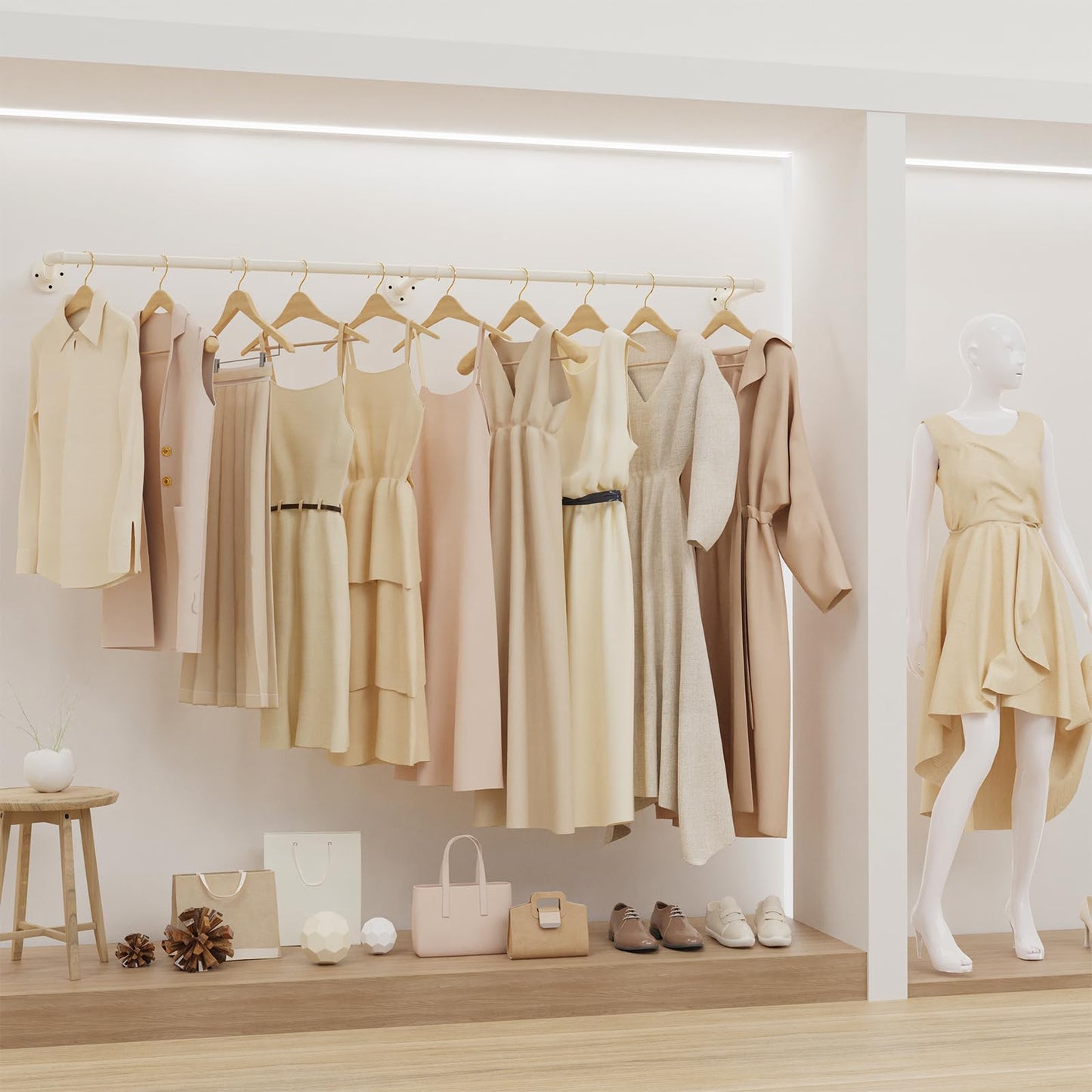 Yawinhe industrial pipe clothing racks, 180cm wall-mounted clothes hangers, space-saving wall shelf kitchen rack with 3 bases, for business, cream color, 2-pack, YMG004W-2.