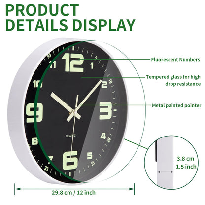 VIVILINEN luminous wall clock with large numbers, no ticking noise, quartz round clock, battery-operated, silent hanging clock for kitchen, home, office, living room, bedroom 12 inch
