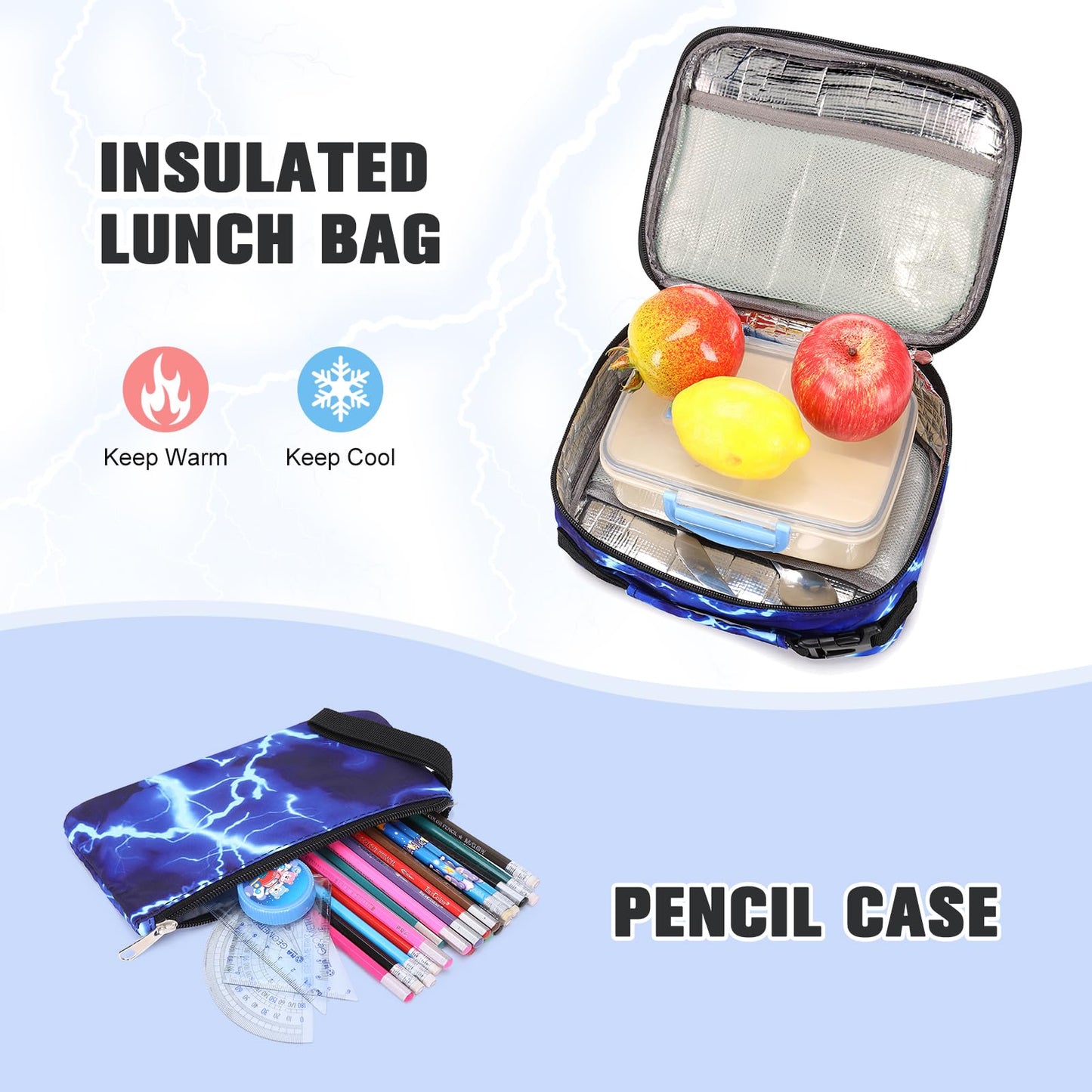 Bevalsa backpack for boys, flash school bag for children with lunch bag and pencil case, book bag for boys girls kids teens for elementary middle school Congratulations (Lightning strike)