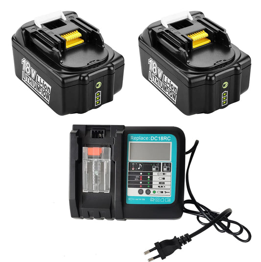 2X BL1850B 5000mAh battery replacement + charger 18V 5Ah for Makita charger DC18RC 3A. Compatible with Makita BL1850B BL1860B BL1830B, for Makita lawnmowers DLM431Z DLM380Z DUC353Z DHR171Z DHP482Z.