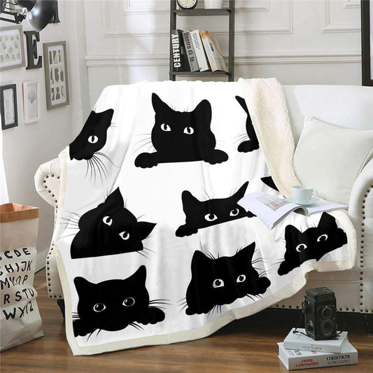 Tbrand Black Cat Print Throw Blanket for Girls Kids Pet Cats Pattern Flannel Fleece Blanket Cute Cats Animal Theme Soft Blanket 150x200cm for Couch Bed Sofa Black White