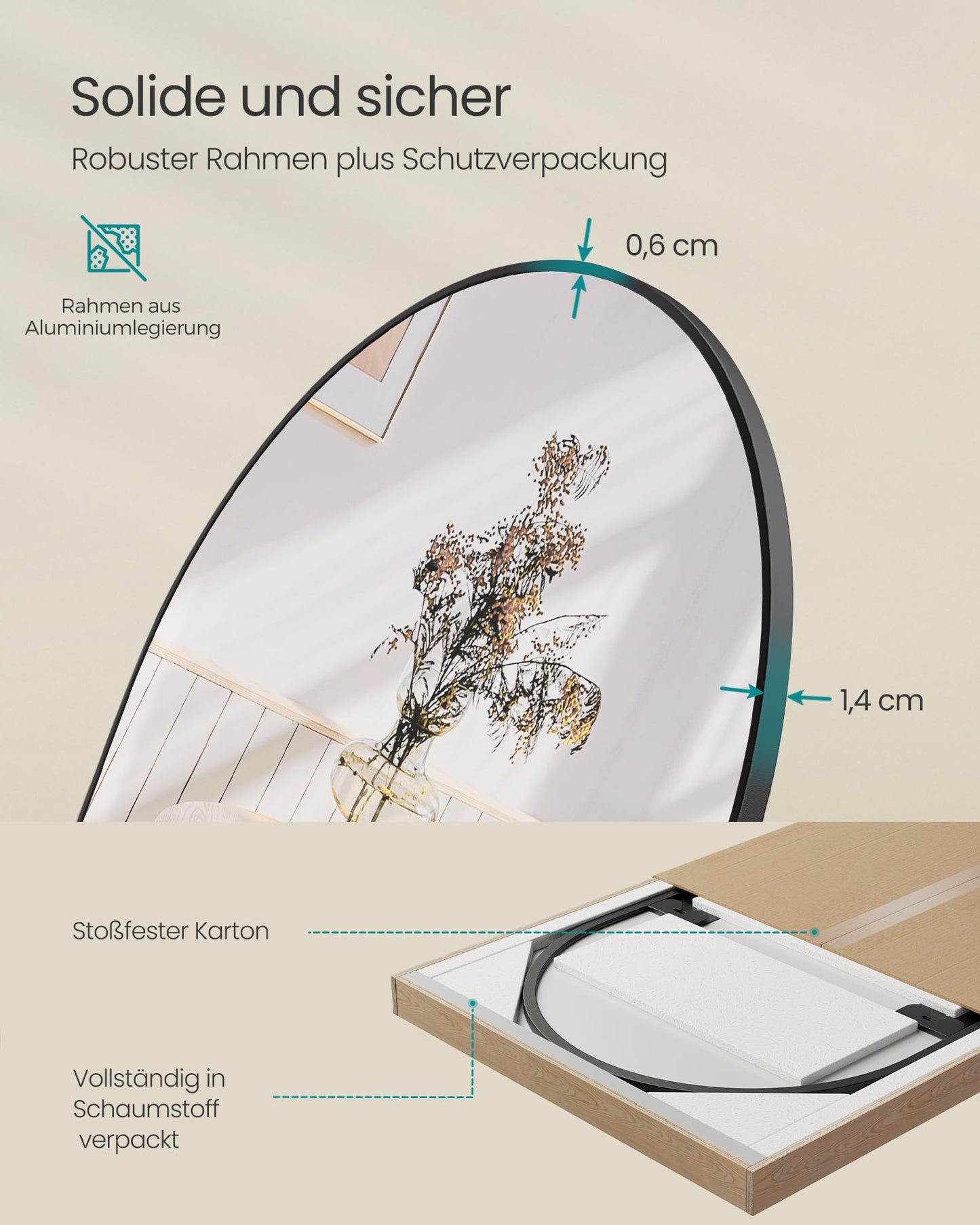 SONGMICS Full-Length Mirror, 160 x 50 cm, Curved Floor Mirror, Aluminum Alloy Frame, Tempered Glass, for Bedroom, Living Room, Wardrobe, Ink Black LFM031B01