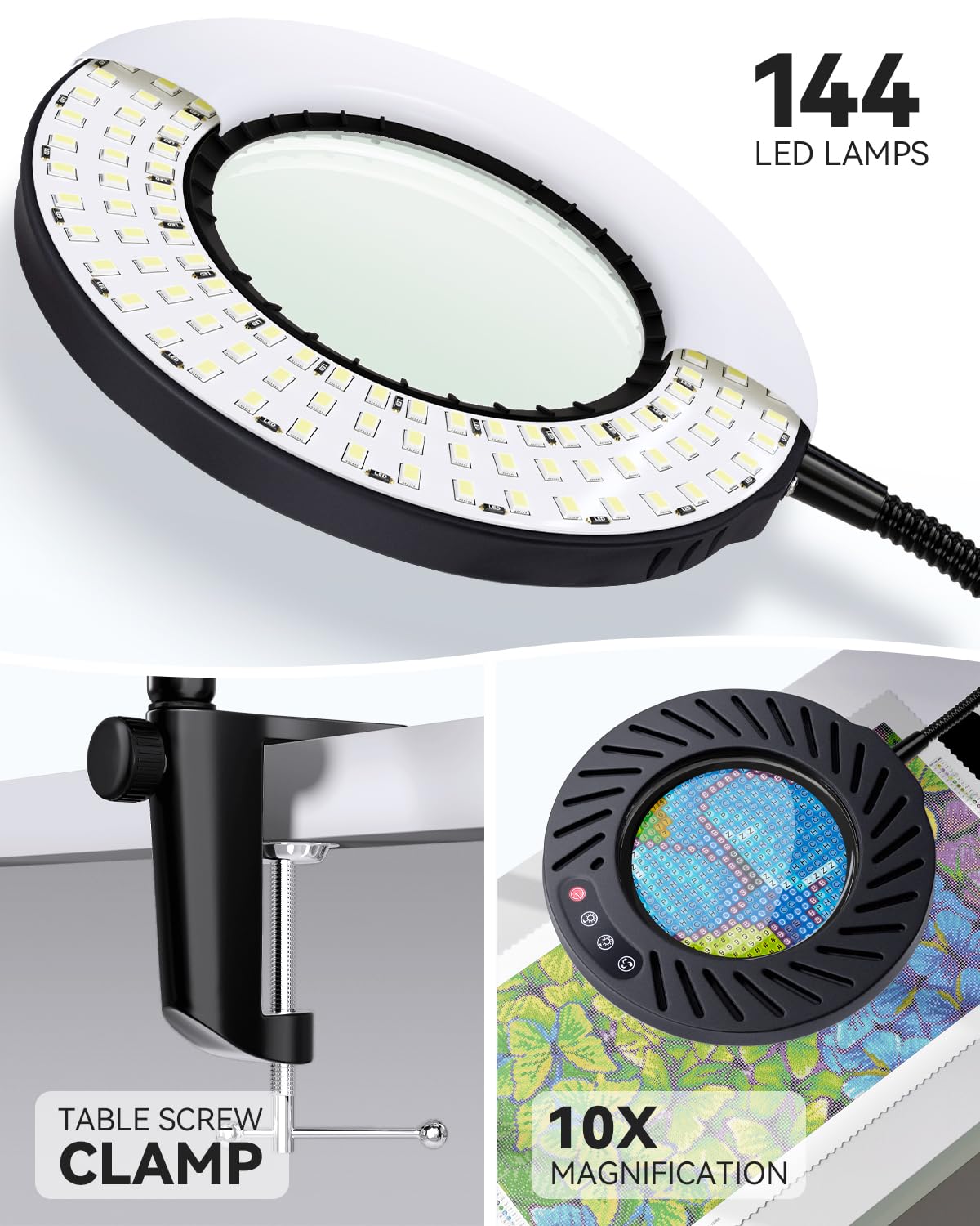 ARTDOT 10X magnifying glass with light and stand, magnifier lamp with 144 LEDs, 5 adjustable colors and 10 brightness levels, for Diamond Painting, reading, crafting, jewelry making, model building.